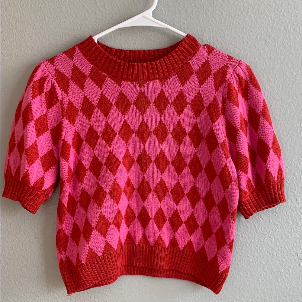 Forever 21 Pink and Red Argyle Sweater. Puffy short sleeves